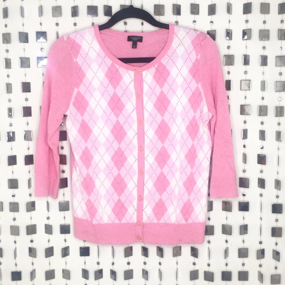 Talbots Petite pink button down argyle sweater s